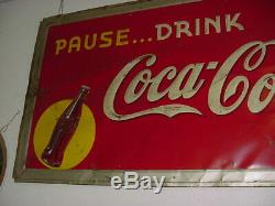 100% ORIGINAL 1938 Vintage PAUSE. DRINK COCA COLA Old Graphic 59x35 inch Tin Sign