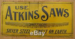1910s EC ATKINS CROSSCUT SAW SIGN 7x14 Embossed Tin/Steel LOGGING VTG ANTIQUE