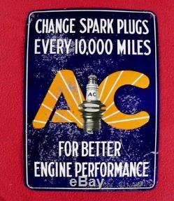 1920-30's Ac Spark Plugs Tin Sign Vintage Change Miles Rare, Antique Wow