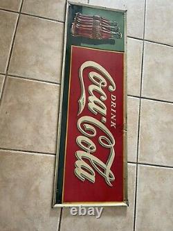 1930 Vintage Original Tin Drink Coca Cola Sign 3 Bottles Sign 54 X 19