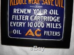 1930's 40's Ac Oil Filters Tin Sign Vintage Change Miles Rare, Antique Gm Delco