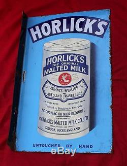 1930s VINTAGE DOUBLE SIDED HORLICKS MALTED MILK DRINK TIN PORCELAIN SIGN, ENGLAND