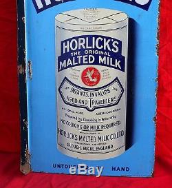 1930s VINTAGE DOUBLE SIDED HORLICKS MALTED MILK DRINK TIN PORCELAIN SIGN, ENGLAND