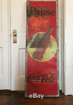 1930s Vtg Drink Coke Tin Metal POP Soda Sign Gas oil Feed Seed Pause Coca Cola