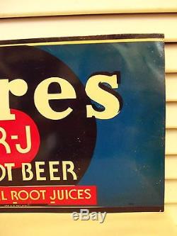 1940s Vintage Rootbeer Sign Hires RJ Soda Fountain Grocery Tacker Tin Metal