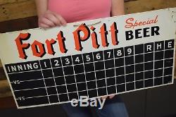 1949 2 sided Fort Pitt Beer Baseball Football Scoreboard Tin Sign Vintage Orig