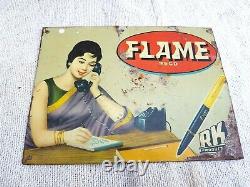 1950s Vintage India Lady In Saree Graphics Flame Fountain Pen Tin Sign Board Old