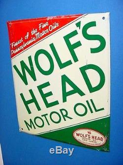 1950s Vintage Original WOLF'S HEAD MOTOR OIL & LUBES Old Gas Station Tin Sign