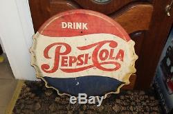 1950s Vintage Pepsi Cola Soda Button Bottle Cap Advertising Tin Metal Sign