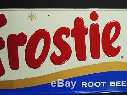 1950s authentic NOS vtg FROSTIE Root Beer Metal TIN Soda SIGN Mid-Century 11x28