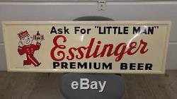 1956 VINTAGE ESSLINGER BEER'LITTLE MAN' SELF-FRAMED TIN LITHO SIGN-18x54-NICE