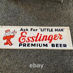 1956 VINTAGE ESSLINGER BEER'LITTLE MAN' SELF-FRAMED TIN LITHO SIGN-18x54-Rare
