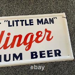 1956 VINTAGE ESSLINGER BEER'LITTLE MAN' SELF-FRAMED TIN LITHO SIGN-18x54-Rare