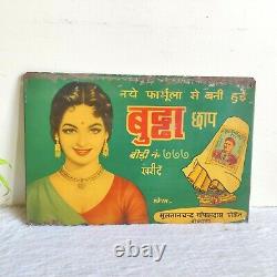 1960s Vintage India Lady Graphics Old Man Buddha Bidi Advertising Tin Sign Board