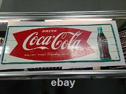 1966 Vintage COCA COLA Old Fishtail Logo & Bottle 32x12 Tin Sign Coke