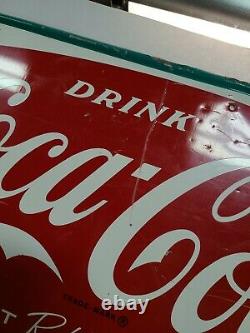 1966 Vintage COCA COLA Old Fishtail Logo & Bottle 32x12 Tin Sign Coke