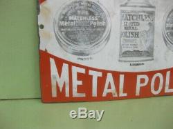 39749 Old Antique Vintage Enamel Sign Shop Advert Matchless Metal Polish Tin Can