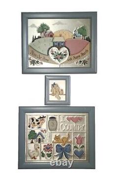 3 Vtg Set Tin Metal Punch Framed Art Artist Signed The Pleasant Look Painted USA