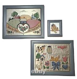 3 Vtg Set Tin Metal Punch Framed Art Artist Signed The Pleasant Look Painted USA