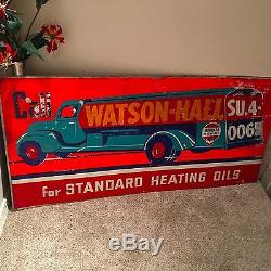 ANTIQUE Vintage Standard Heating Oil Watson Hall Tanker Truck Tin Oil Sign