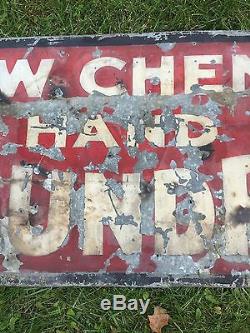 Antique 20s Painted NEW CHENE HAND LAUNDRY Vtg Tin Metal Store Sign DETROIT 72