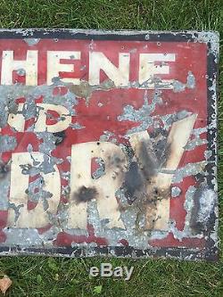 Antique 20s Painted NEW CHENE HAND LAUNDRY Vtg Tin Metal Store Sign DETROIT 72
