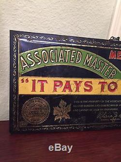 Antique Associated Master Barbers of America Sign Tin Advertising Vintage Metal