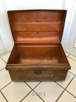 Antique English Victorian Immigrant Metal Steamer Trunk With Handles Signed