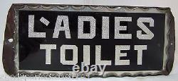 Antique LADIES TOILET Chip Glass Foil Sign thick scalloped edge tin frame ad