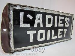 Antique LADIES TOILET Chip Glass Foil Sign thick scalloped edge tin frame ad
