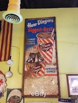 Antique Large 8ft Tall Hum-Dingers Ice Cream Advertising Sign Vintage Retro Tin