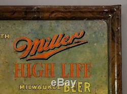 Antique Tin Chromolithograph Sign, Miller Beer, Fishing, Pipe Smoking, NR
