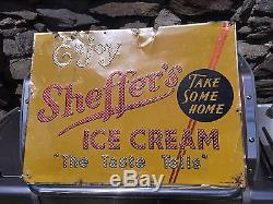 Antique Vintage Sheffer's Ice Cream Reflective Embossed Tin Sign Country Store