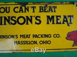 Antique Vintage Tin Advertising Sign can't beat Robinson Meat Massillon Ohio Pig