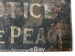 Antique Vtg 1910 IM HOOVER JUSTICE OF THE PEACE Tin Tacker sign HOOVERSVILLE PA