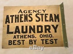 Athens Steam Laundry Vintage Tin Flange Advertising Sign, Athens Ohio