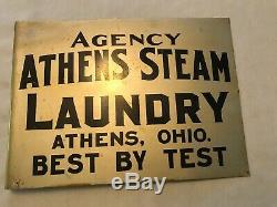 Athens Steam Laundry Vintage Tin Flange Advertising Sign, Athens Ohio