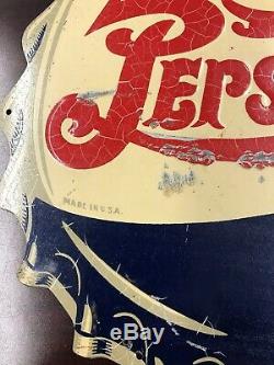 Authentic Vintage Pepsi Embossed Die-cut Tin Bottle Cap Display Sign USA #7934