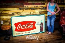 Big Vintage Coca-Cola Sign Tin Original 32x56 inch Nice shape Soda Gas Station