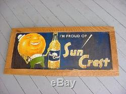 CREEPY ORANGE GRAPHICS RARE 1930s Vintage SUN CREST SODA Old Embossed Tin Sign