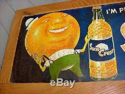 CREEPY ORANGE GRAPHICS RARE 1930s Vintage SUN CREST SODA Old Embossed Tin Sign
