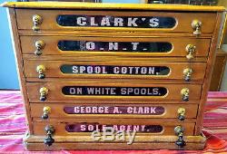 Clark's ONT Spool Cabinet 6 Drawer LARGE Brass Pulls Antique VTG George Tin Sign