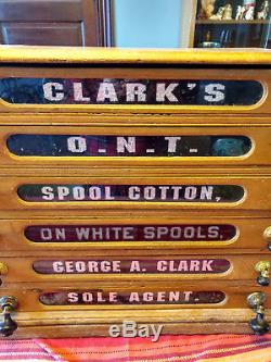 Clark's ONT Spool Cabinet 6 Drawer LARGE Brass Pulls Antique VTG George Tin Sign