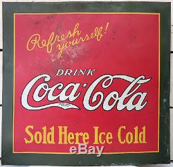 Coca Cola Antique 1927 Sold Here Tin Sign Vintage Advertising 28x29 Coke Red
