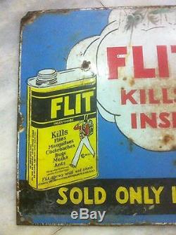 Dated 1928 Flit Insecticide Poison Tin Can & Spray Vintage Porcelain Enamel Sign