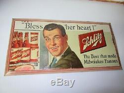 EARLY Late 40s VINTAGE Schlitz beer Bless Her Heart tin Beer sign