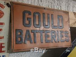 EARLY Vintage GOULD BATTERIES Sign GAS oil OLD Tin Tacker EMBOSSED Car Truck