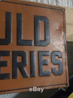 EARLY Vintage GOULD BATTERIES Sign GAS oil OLD Tin Tacker EMBOSSED Car Truck