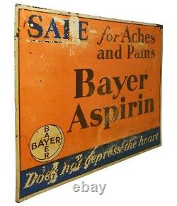 Early 20th C Bayer Aspirin Antique 1920's Litho'd Enamel Tin Advrtsng Metal Sign