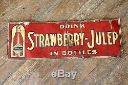 Early Drink Strawberry Julep in Bottles Tin Tacker Sign Rare Soda Fountain Vtg